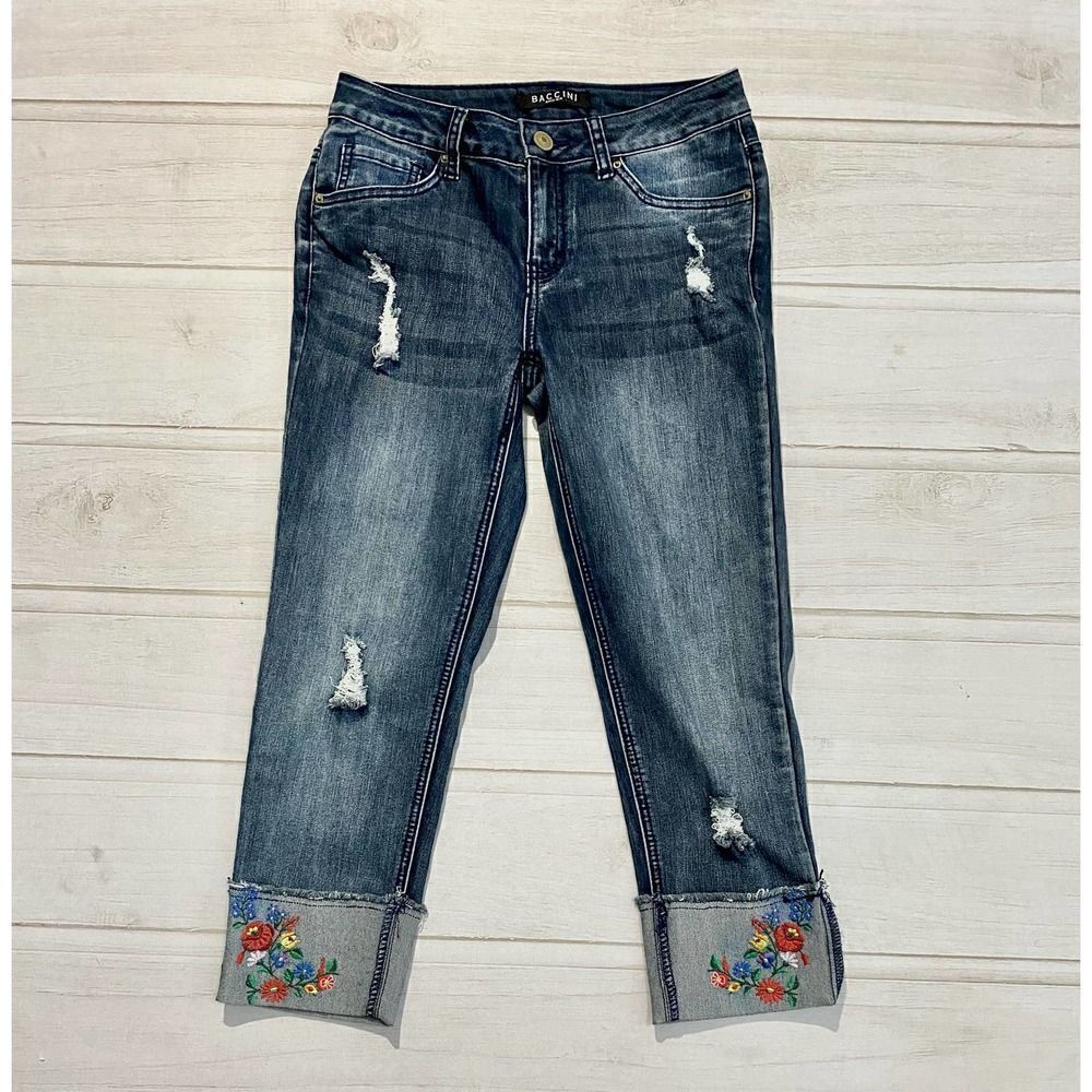 Baccini Distressed Capri Jeans Floral Embroidered Folded Raw Hem